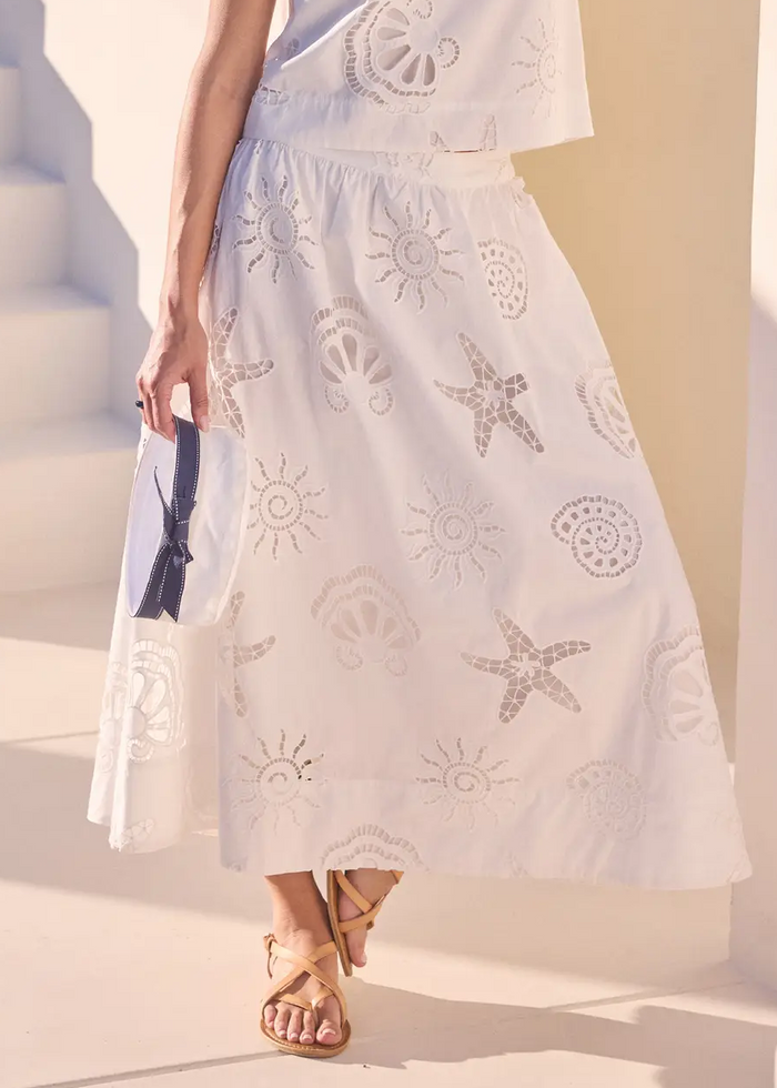 skies are blue Seaside Set White Embroidered Maxi Skirt eyelet shell beach