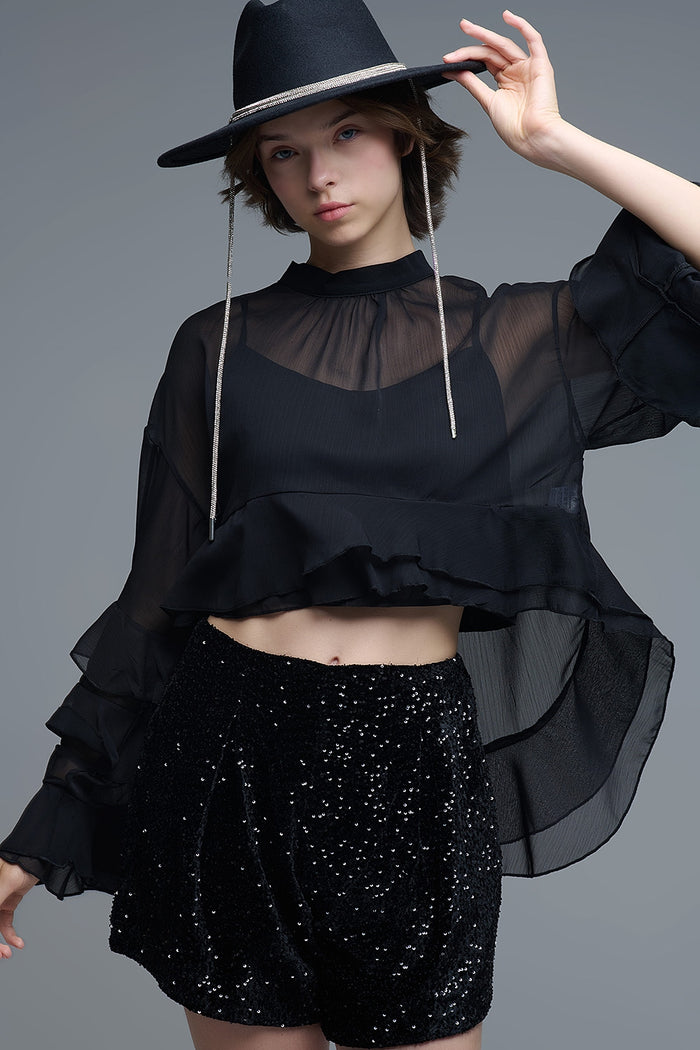 Sheer Cape-style Black Blouse in chiffon With Ruffles