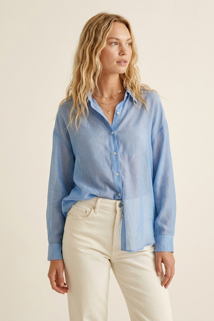Sheer Sky Blue Button-Down Shirt with Relaxed Fit - Shirts
