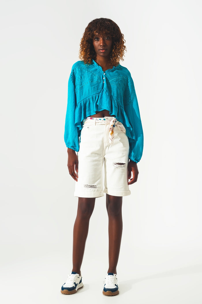 Shirred crop top with embroidery in blue