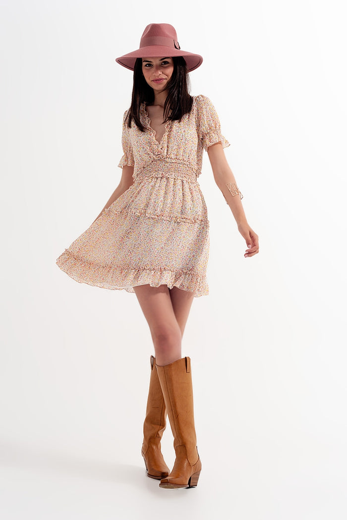 shirred mini skater dress in floral yellow - dress
