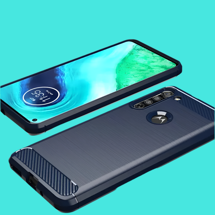 Smartphone with a dark blue protective case and multiple camera lenses visible on the back.
