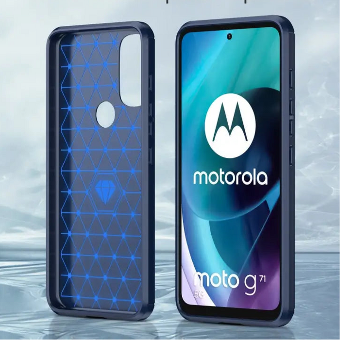 Motorola smartphone with a blue patterned case and its screen displaying the Motorola logo.