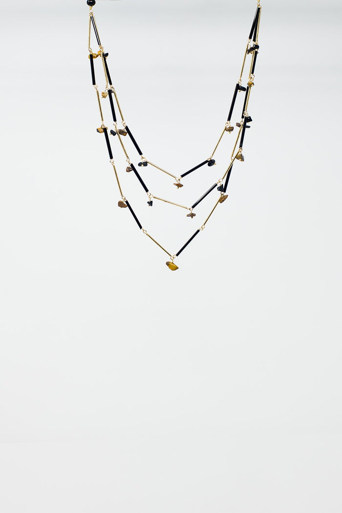 Short 3 in 1 Necklace with black and golden beads