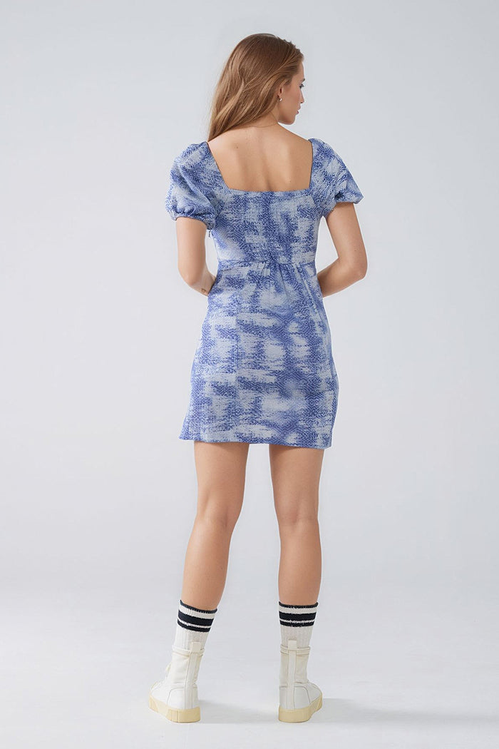 Short Dress With Puff Sleeves In Abstract Blue and White Print - dress