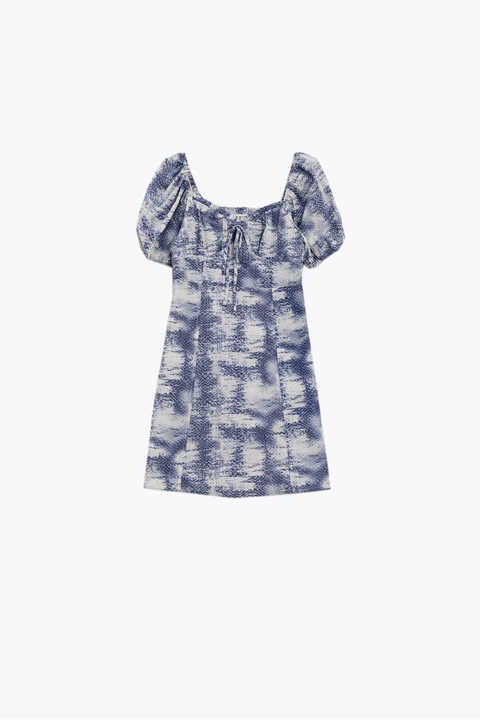 Short Dress With Puff Sleeves In Abstract Blue and White Print - dress