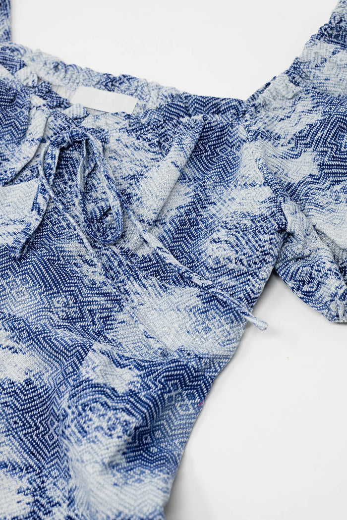 Short Dress With Puff Sleeves In Abstract Blue and White Print - dress