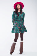 Short Printed Dress With Tiered Skirt and Ruffled Cuff in Forest Green - dress