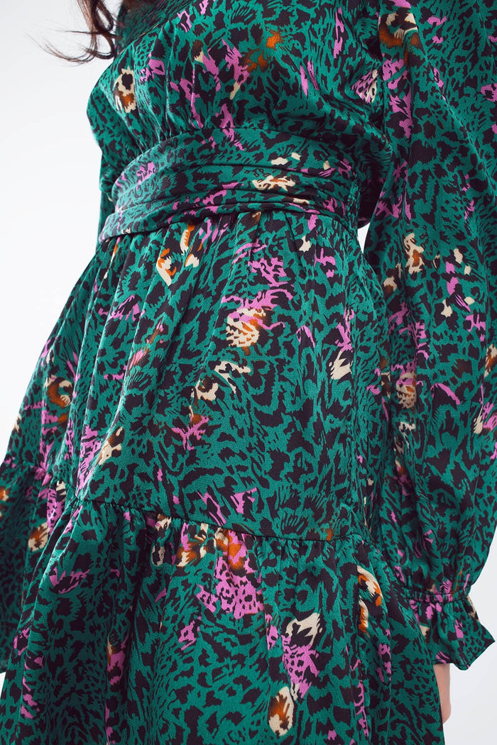 Short Printed Dress With Tiered Skirt and Ruffled Cuff in Forest Green - dress