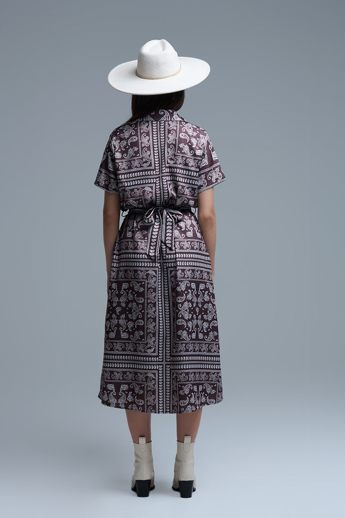 Short Sleeve Paisley Print Shirt Dress in brown - dress