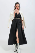 Short sleeve satin maxi dress in black - dress