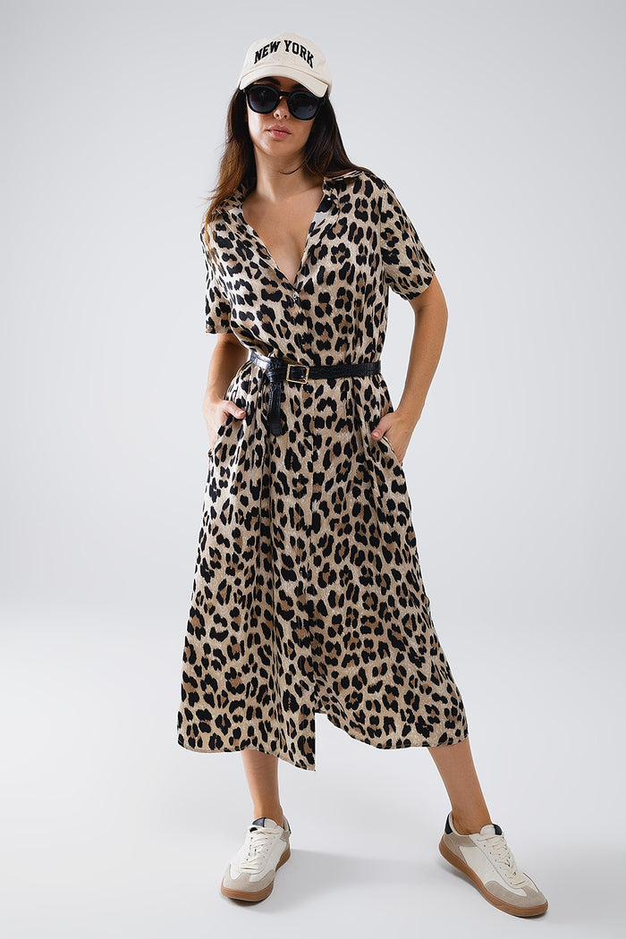 Short Sleeve Shirt Midi Dress With Belt In Leopard Print - dress
