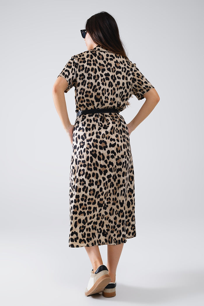 Short Sleeve Shirt Midi Dress With Belt In Leopard Print - dress