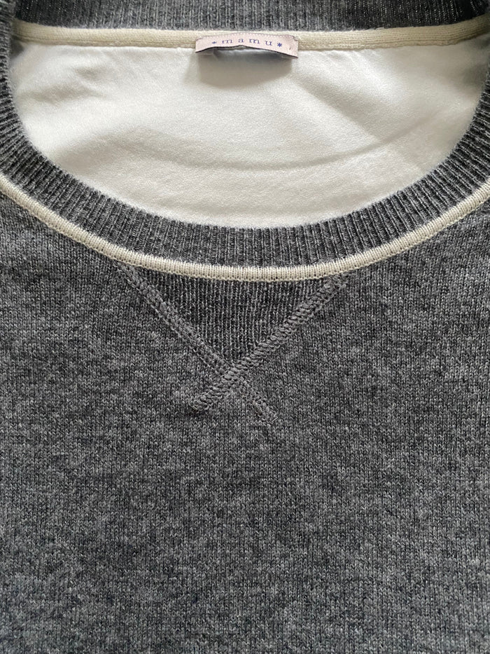 Silver Grey Marl Cashmere and Silk Sweatshirt with Ivory Contrast - Sweaters