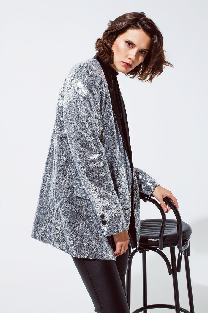 Silver Sequin tuxedo Blazer with Satin Black Lapels
