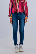 Skinny high waist raw hem jeans in dark blue - Denim