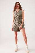 Sleeveless belted jumpsuit in khaki