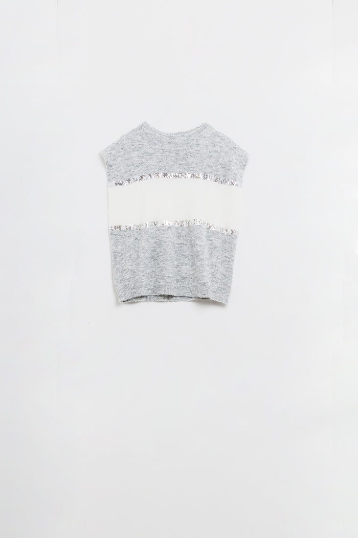 Sleeveless grey sweater with sequin detail