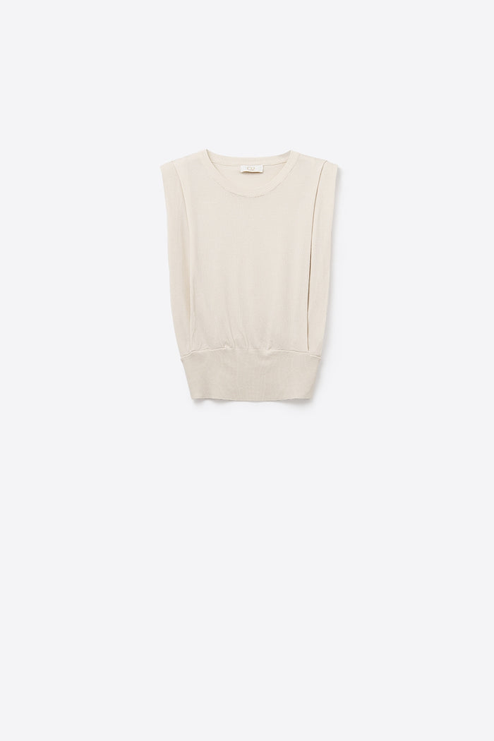 Sleeveless Knited Top With Shoulder Drape in Beige