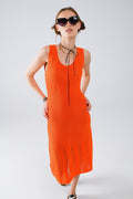 Sleeveless orange knit midi dress with round neck - dress