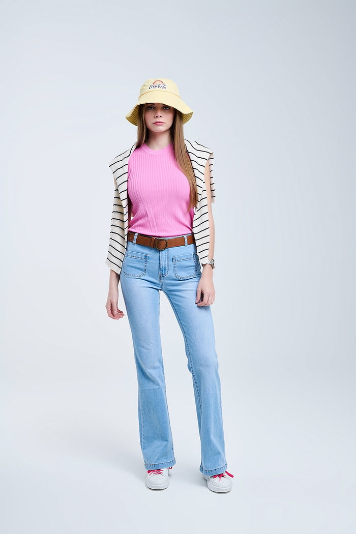 Sleeveless Ribbed knitted Top In Pink