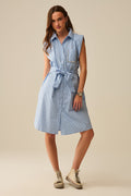 Sleeveless Shirt Dress With Belt And Embroidered Pocket - dress