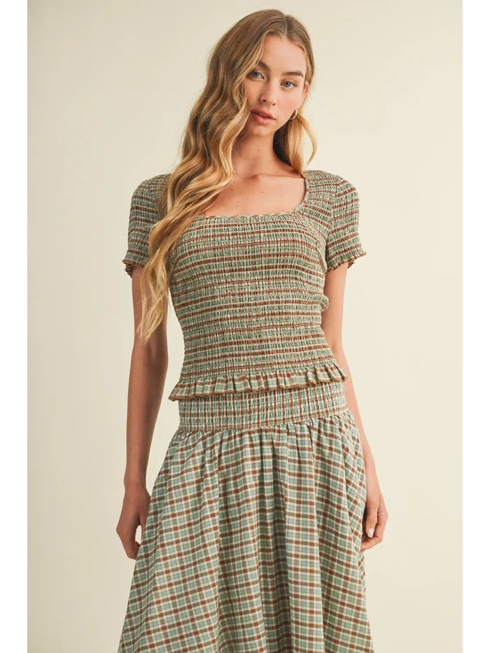 Square-Neck Smocked Plaid Blouse