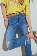Straight Distressed Jeans in Medium Wash - Denim