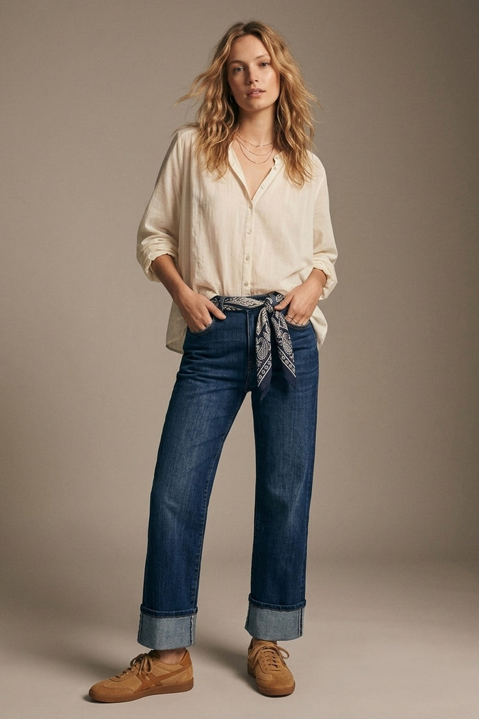 Straight Jeans with Folded Hem in Mid Blue Wash - Denim