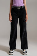 Straight Leg Cargo Jeans in Black - Coloured Jeans