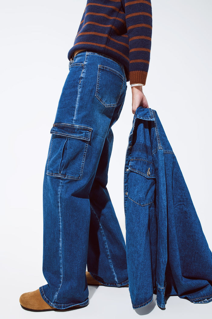 Straight Leg Cargo Style Jeans in Medium Wash - Denim