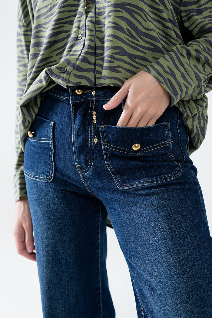 Straight Leg Jeans With Front Pockets and Button - Denim