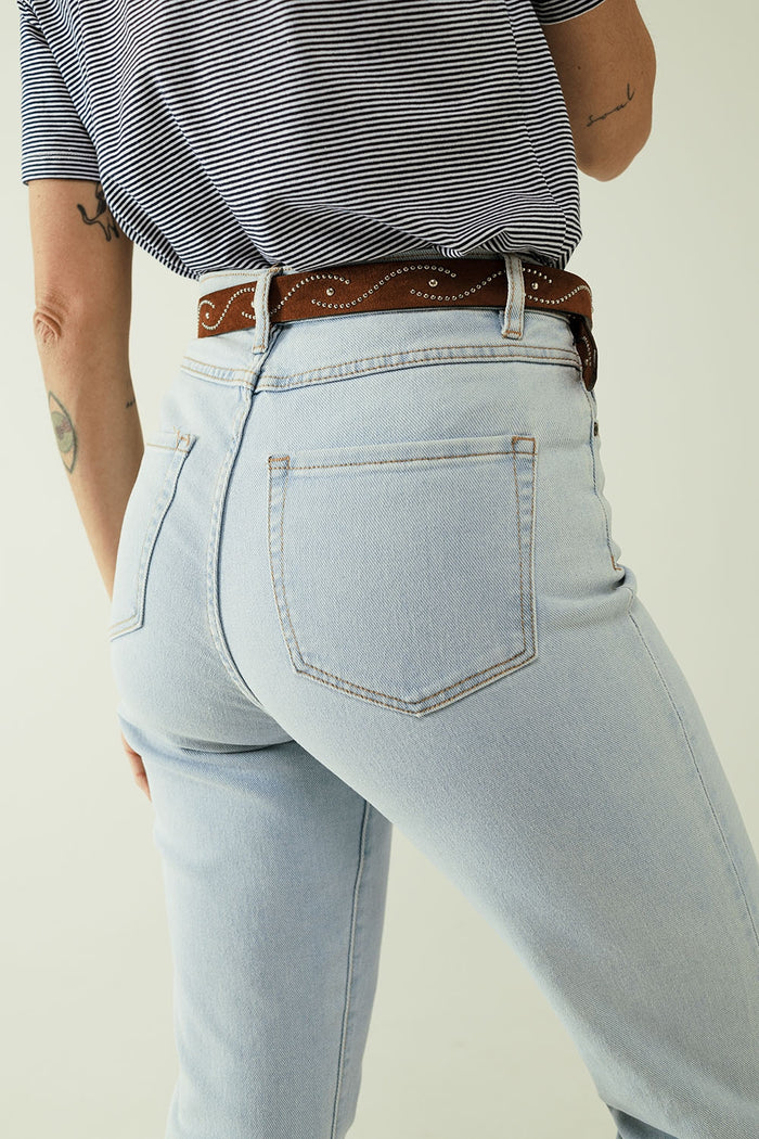 Straight light blue jean with hem and five pockets - Denim