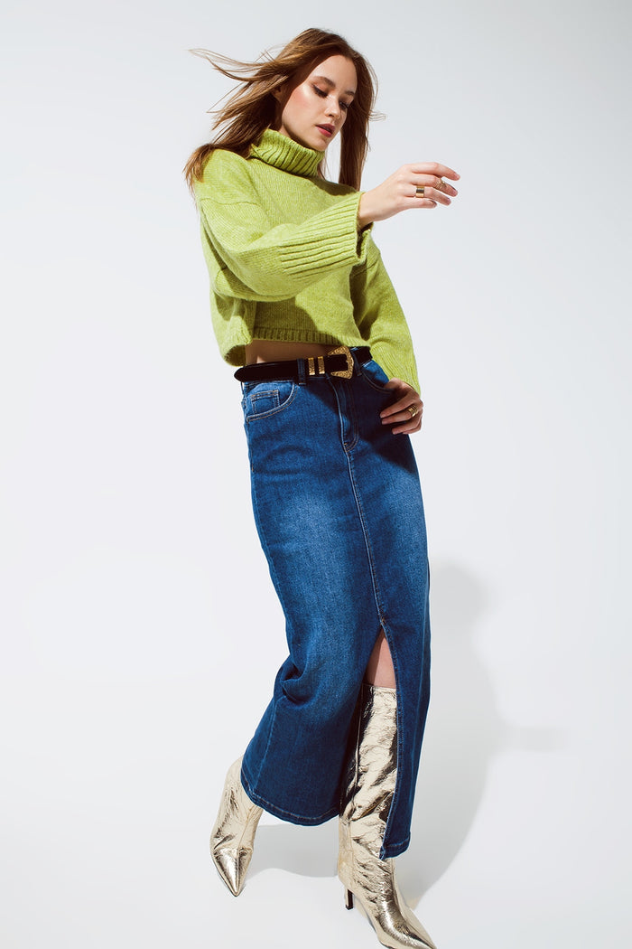 Stretch Denim Maxi Skirt With Slit At The Front In Mid Wash