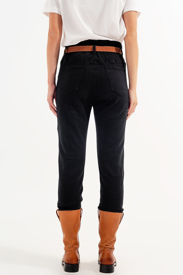 Stretch paperbag waist straight Jeans in black - Coloured Jeans