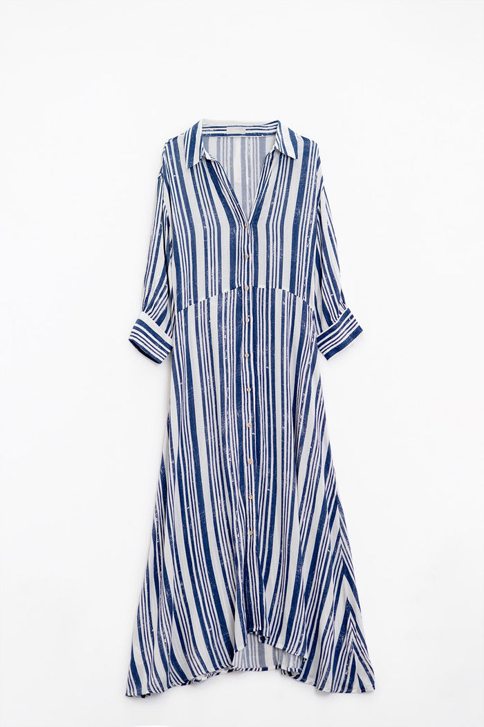 Striped Maxi Shirt Dress With 3/4 Sleeve and Belt in Blue and White - dress