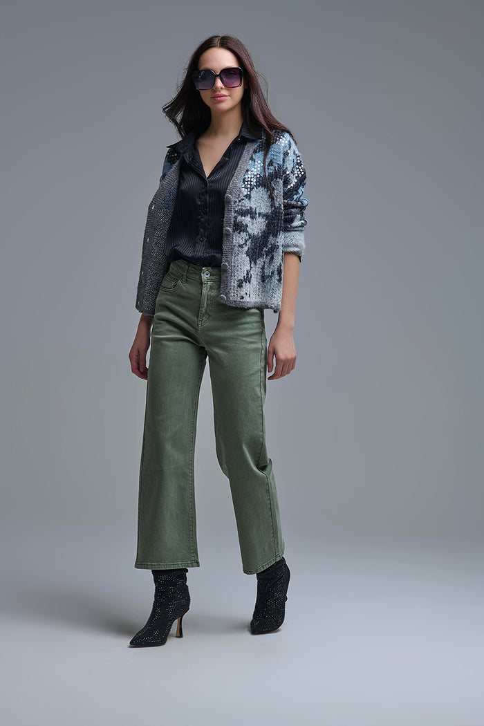 Stylish Gray Knit Cardigan with sequin Abstract Print