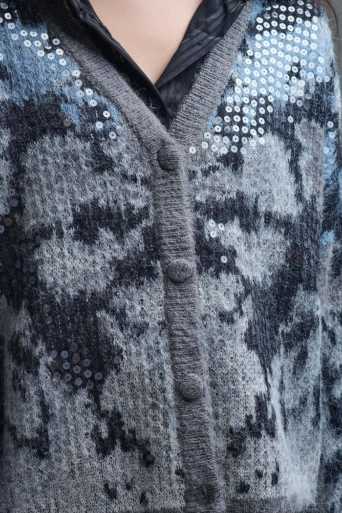 Stylish Gray Knit Cardigan with sequin Abstract Print