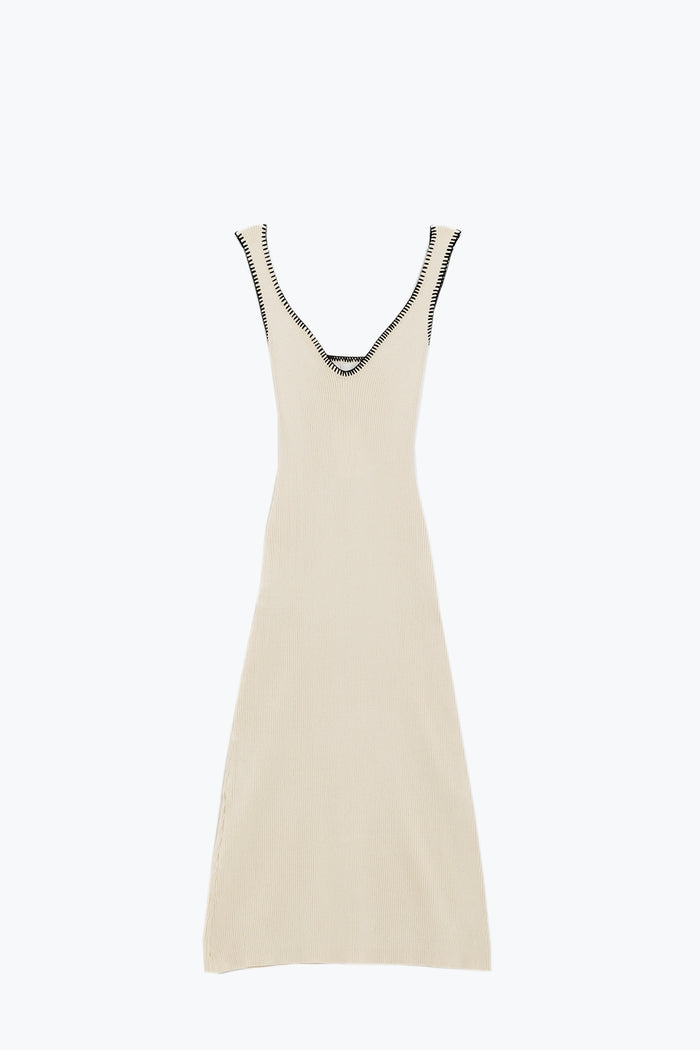 Summer Body Hugging knitted Dress in beige With black Trim - dress