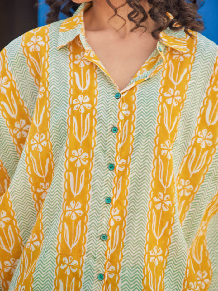 Yellow and Green Cotton Women Shirt | Pinklay