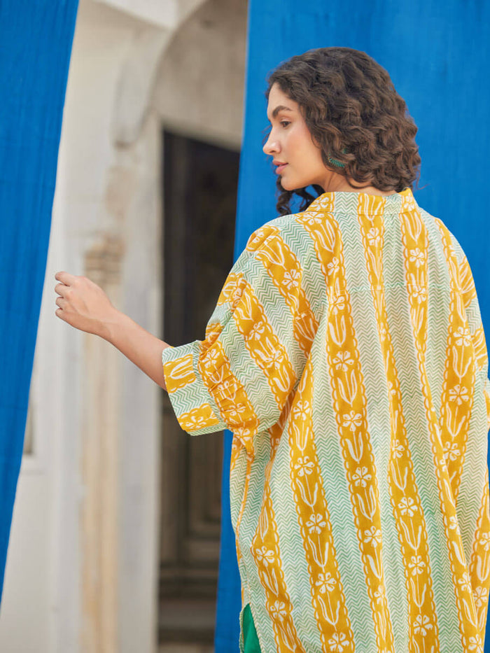 Yellow and Green Cotton Women Shirt | Pinklay
