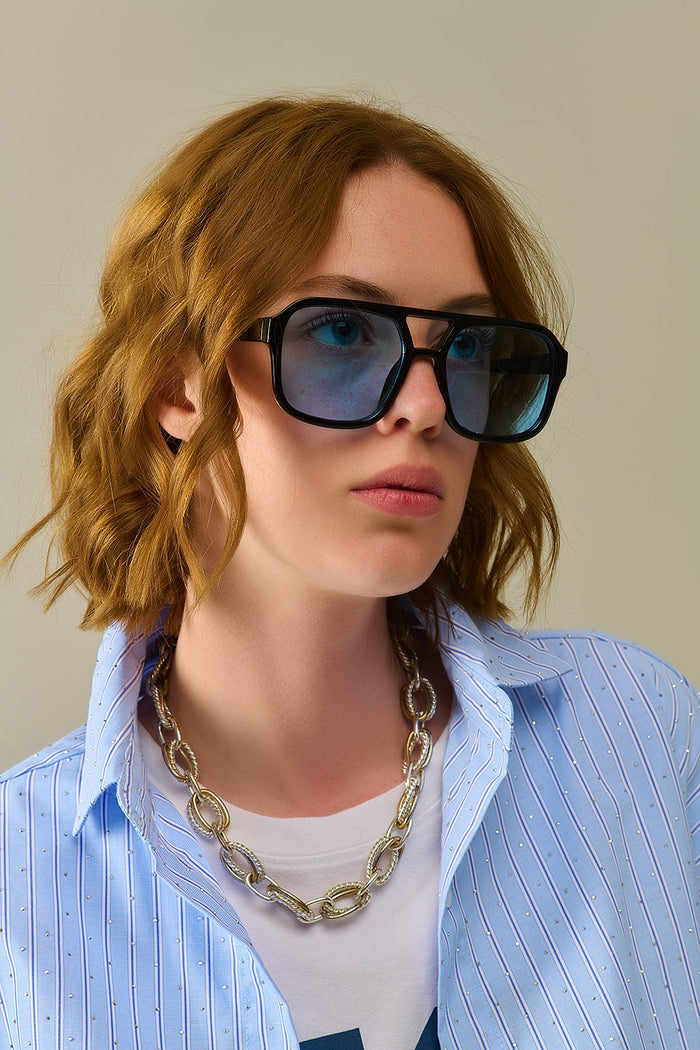Sunglasses with black frames and blue lenses