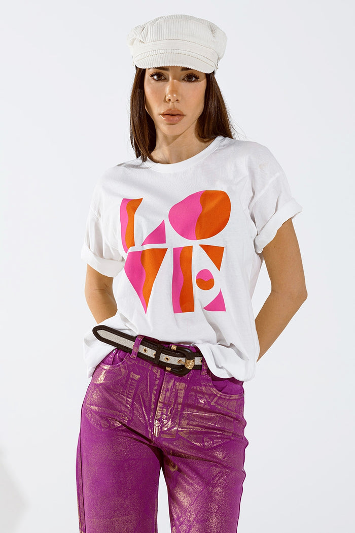 T-shirt with LOVE art deco digital print in white - top