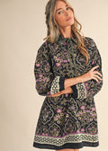 en merci black floral stitch long sleeve mini dress