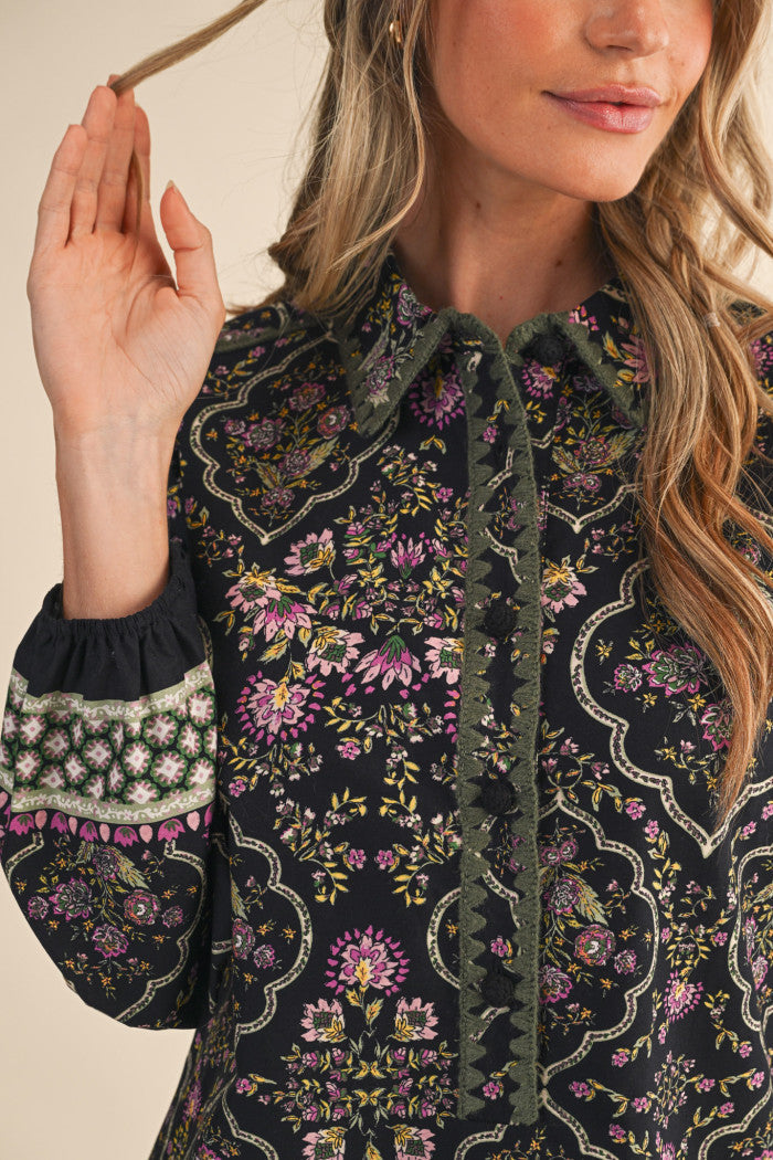 Taking My Time Floral Print Blanket Stitch Mini Dress - Black