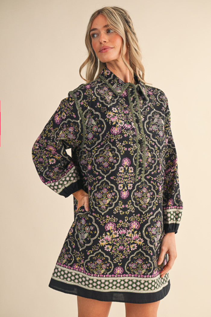 Taking My Time Floral Print Blanket Stitch Mini Dress - Black