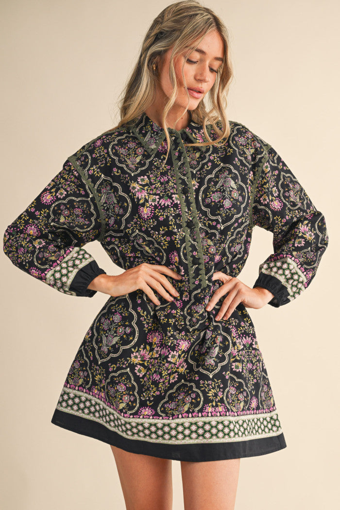 Taking My Time Floral Print Blanket Stitch Mini Dress - Black