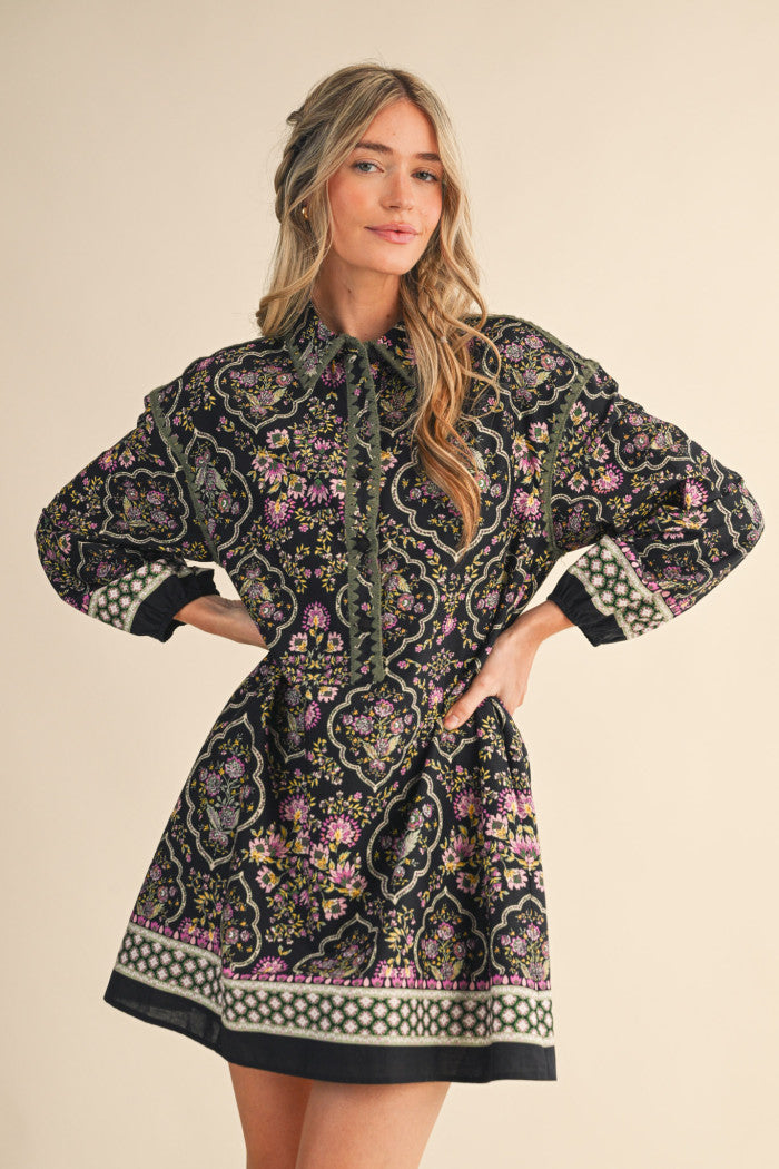 Taking My Time Floral Print Blanket Stitch Mini Dress - Black