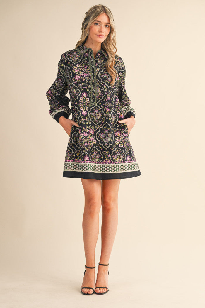 Taking My Time Floral Print Blanket Stitch Mini Dress - Black