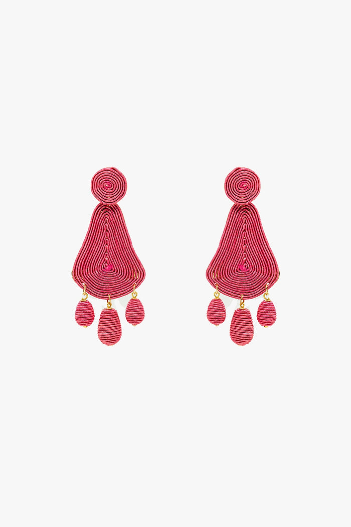 Tear drop Rafia Earrings With Oval Beads In Fuchsia